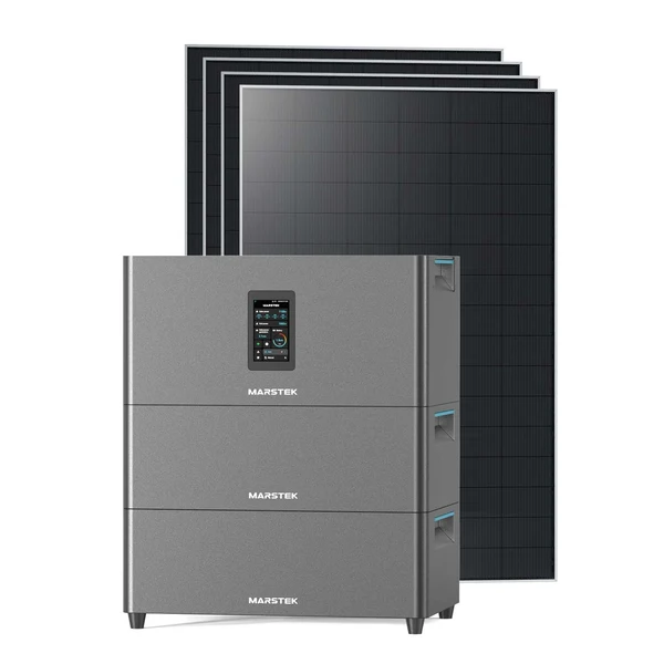 Marstek Jupiter C Plus All-in-One Speicher mit gestapelten Modulen und Solarmodulen im Hintergrund